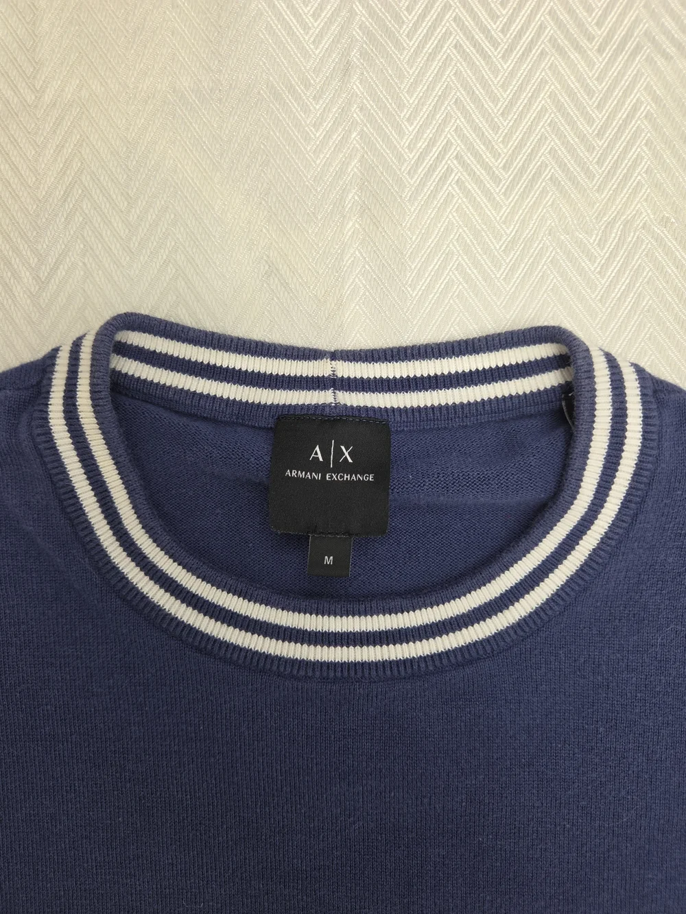 Armani Exchange Navy Blue Crewneck Sweater with White Stripe Collar